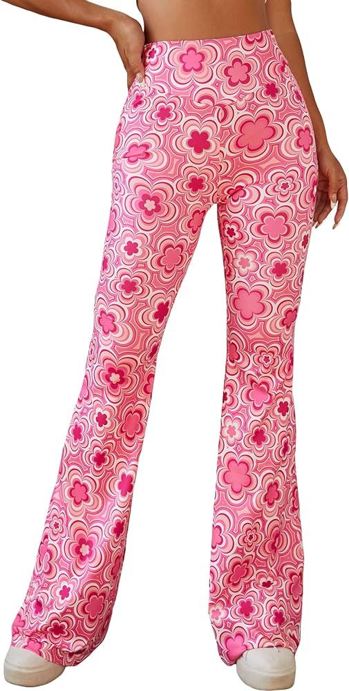 OYOANGLE Women's Floral Print High Waist Yoga Pants Wide Leg Pants Bell Bottom Trousers | Amazon (US)