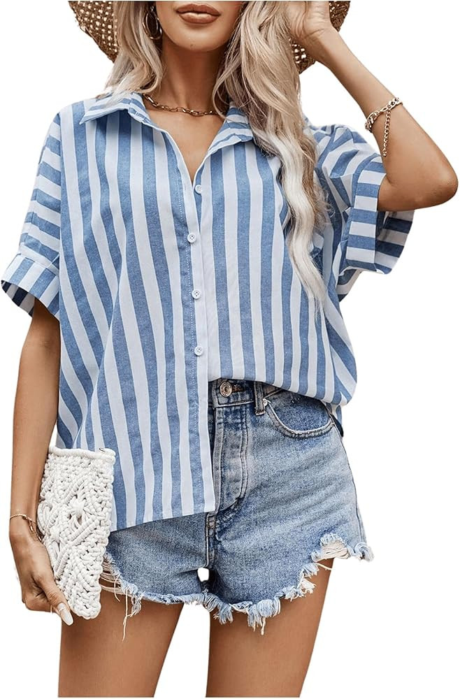 SOLY HUX Women's Striped Button Down Shirt Short Sleeve Summer Blouse Top | Amazon (US)