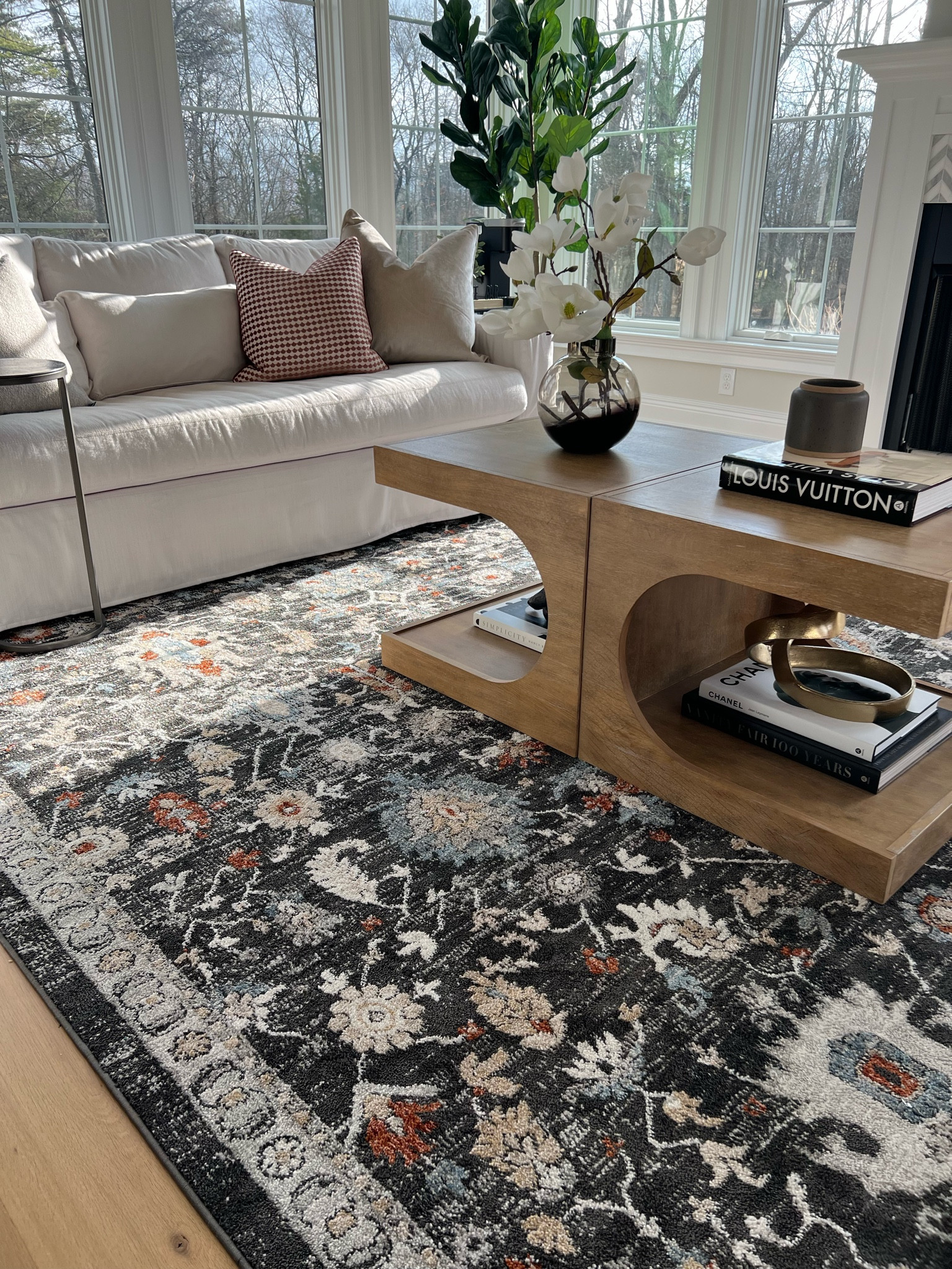 Sunroom decor, Odette multi colored loloi rug, wood coffee table, white pottery barn sofa couch, coffee table decor, c table, coffee table books

#LTKFind #LTKhome