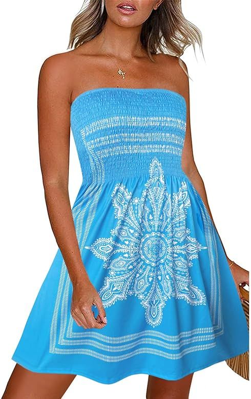 CHICGAL Summer Dresses for Women Beach Cover Ups Strapless Boho Floral Print Sundress | Amazon (US)