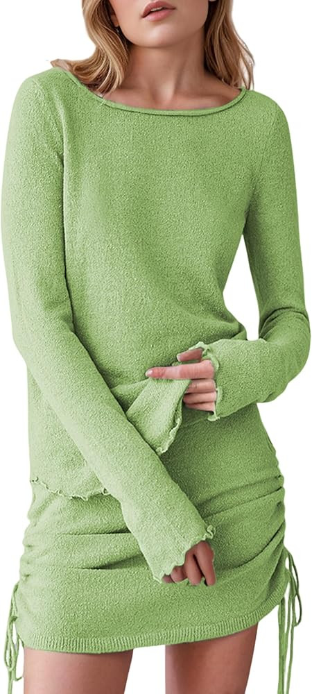 Dqbeng 2 Piece Skirt Sets for Women Knit Long Sleeve Top Side Tie Mini Skirt Set 2024 Summer Outf... | Amazon (US)