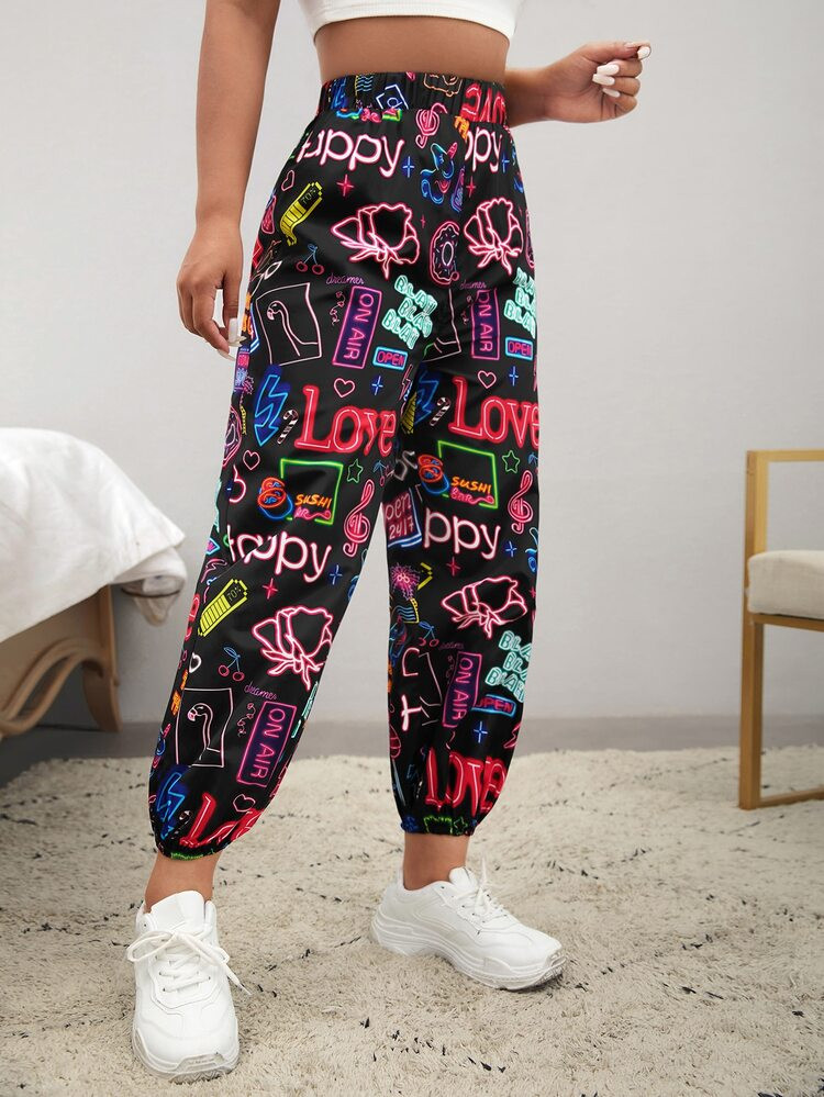 SHEIN Letter & Floral Print Carrot Pants | SHEIN