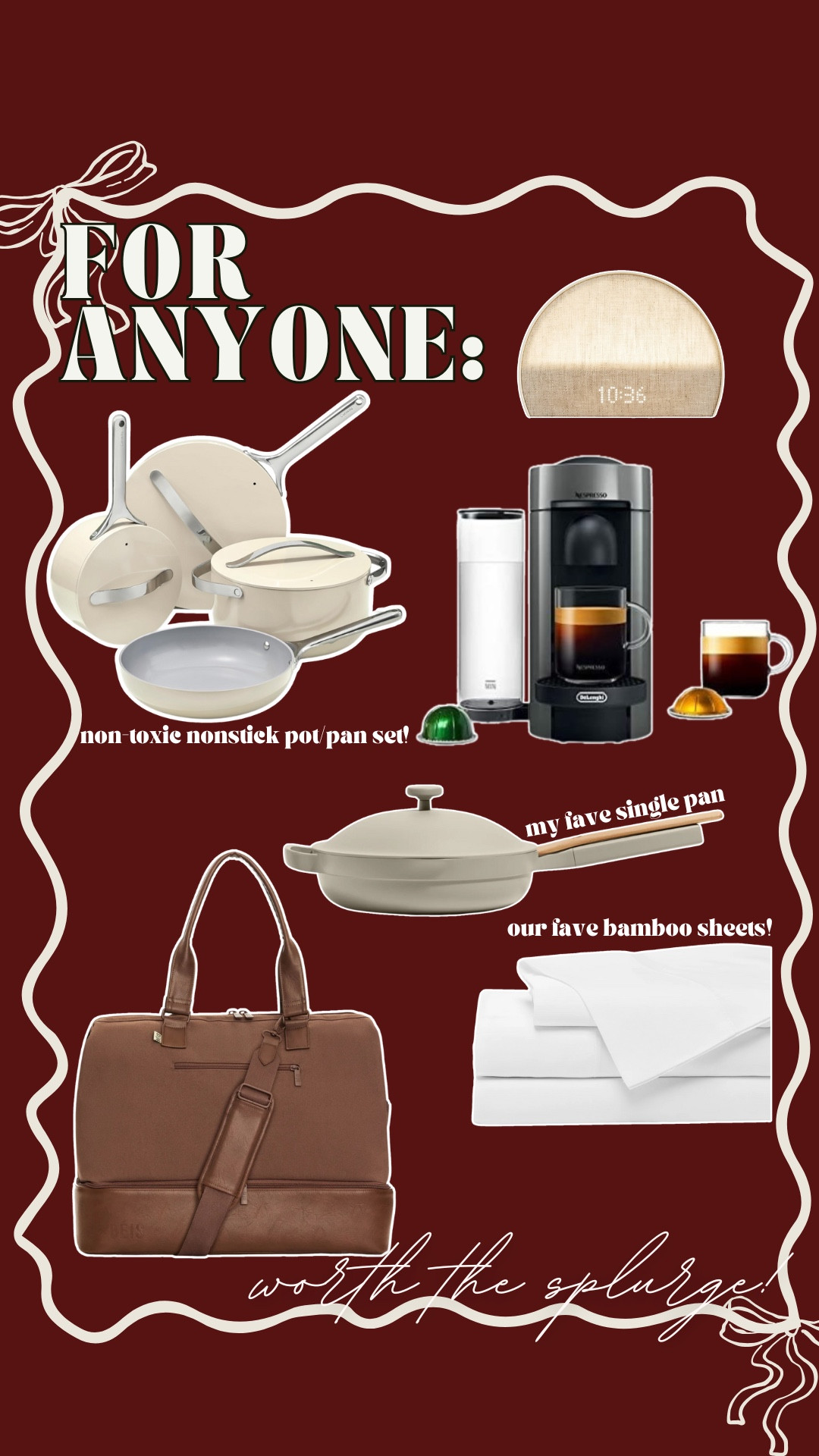 Some of my fave splurge worthy gifts! 

Our fave coffee maker, travel weekender bag, bamboo sheets, caraway pans 

#LTKCyberWeek #LTKGiftGuide #LTKHome
