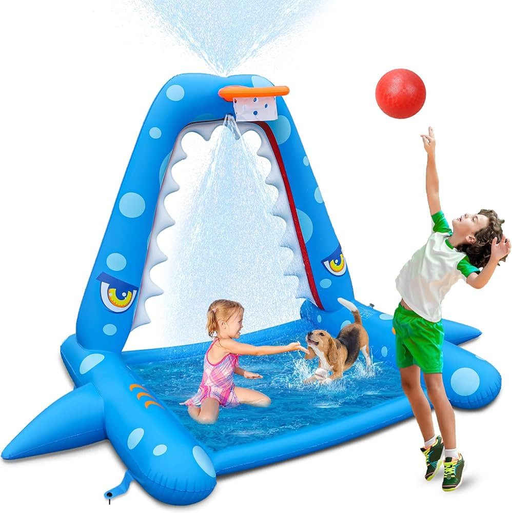 JOSEN Sprinkler for Kids Outdoor Play, Giant Inflatable Shark Water Toys Splash Pad with Basketba... | Amazon (US)