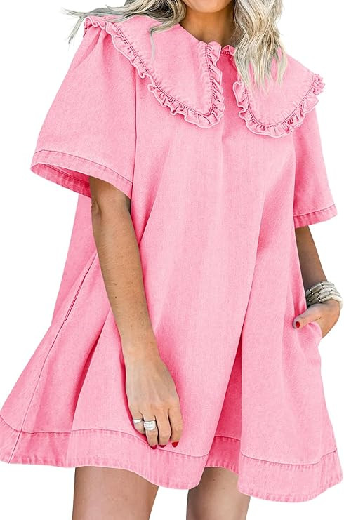 Wenrine Womens Summer Denim Mini Dress Oversized Peter Pan Collar Short Sleeve Casual Flowy Babyd... | Amazon (US)