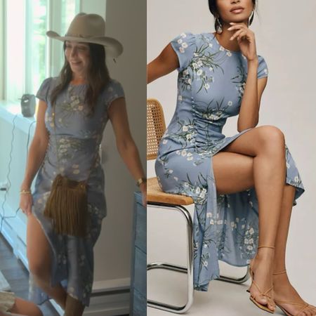 Farrah Aldjufrie’s Blue Floral Short Sleeve Slit Maxi Dress on Buying Beverly Hills Season 2 Episode 9