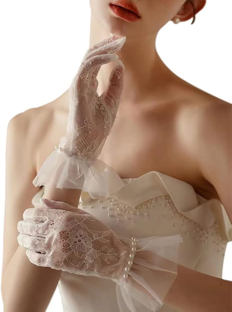 Short Lace Mesh Gloves Tulle Border with Pearls Wedding Opera Tea Party Gloves for Women Formal | Amazon (US)