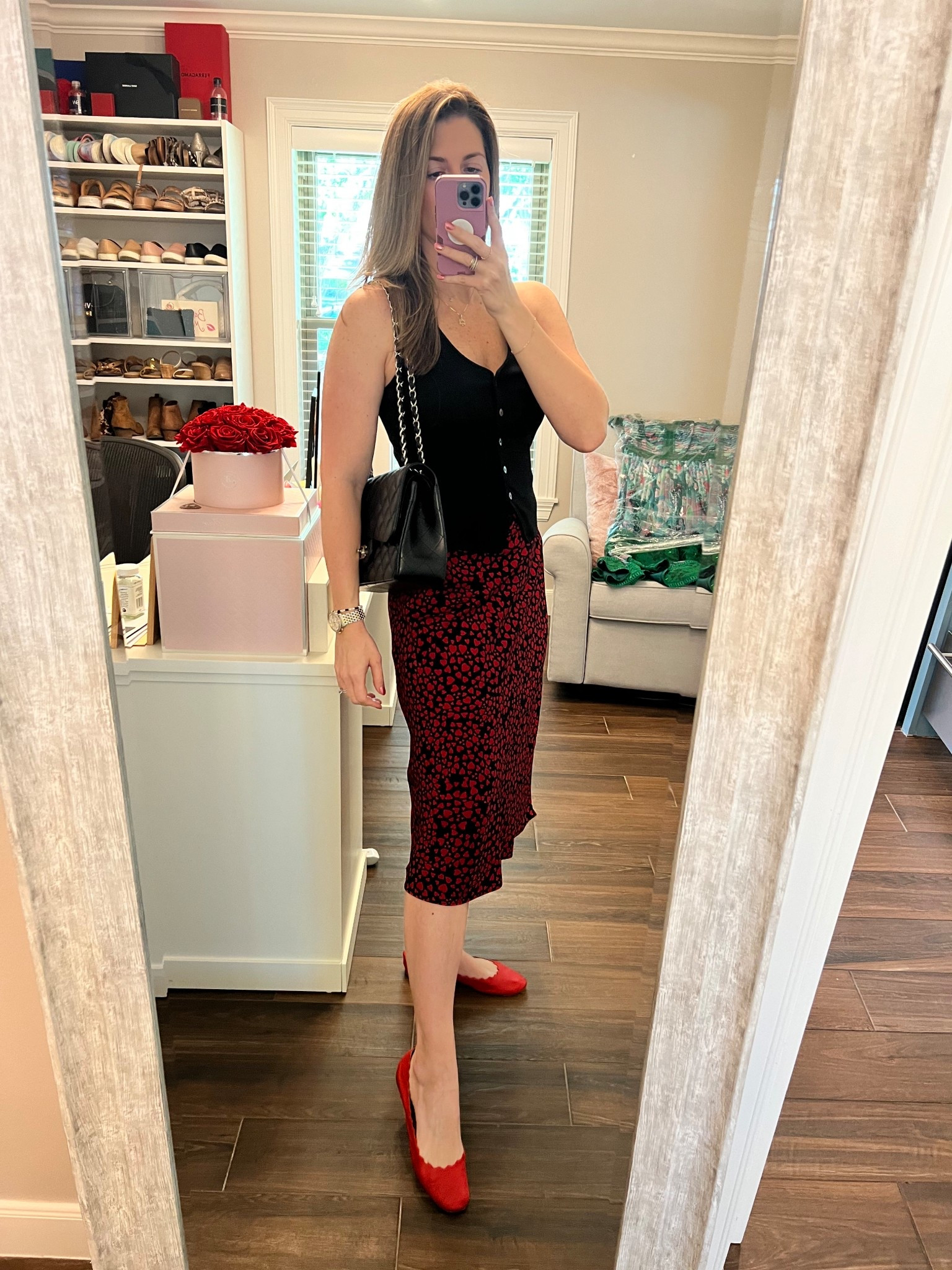 This look is a bit out of the ordinary for me, but I absolutely love it and got great feedback! Perfect for a warm spring day and yet still chic. The colored flat adds a fun pop and the heart print can be worn nearly all year along. (Think tights and boots!) It’s on mega sale now too!

Top runs TTS. Wearing a size small.
Skirt runs large. Wearing a small petite. (I like my midi skirts to hit just below the knee versus mid calf.)

#LTKOver40 #LTKSaleAlert #LTKStyleTip