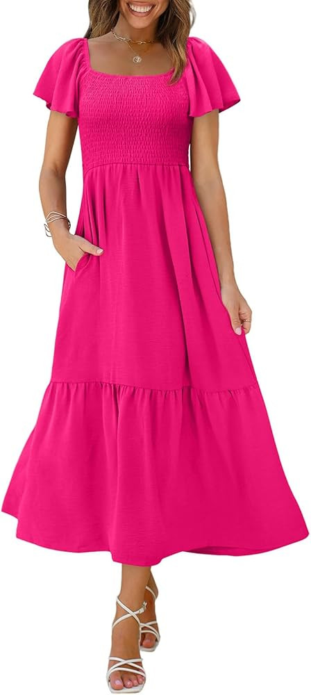 OFEEFAN Summer Dresses for Women Square Neck Ruffle Sleeve Smocked Maxi Dress with Pockets | Amazon (US)