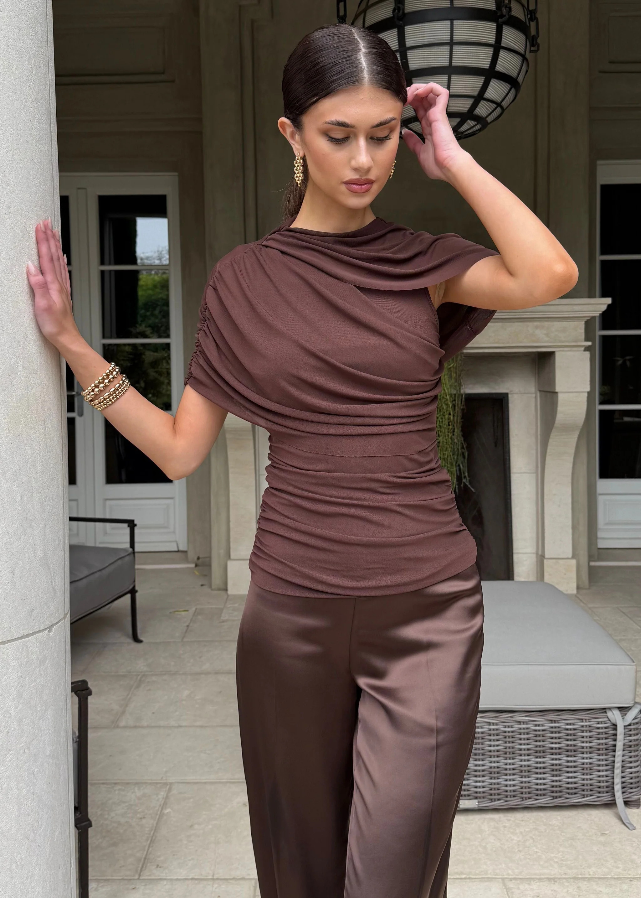 Aliyah Asymmetrical Ruched Short Sleeve Wrap Top - Chocolate brown | Benaar La