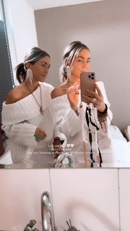 day 25/31 get Christmas Day 1 ready with us. Twinning in these white off shoulder jumpers Christmas Day 1 🤍🤍🤍🤍 #LTKGift #grwu #getready #getreadywithus #hm #hmxme 
.
Linked our amazing white jumper below and more similar ones cause they will be bestsellers we know it! Also added an flared yoga pants to make the look complete.. and don't forget the sparkling earrings for the festive touch.. added a sparkling one below. 🫶🏼🫶🏼 happy Christmas Day lovelies xx  

#LTKHoliday #LTKparties #LTKGiftGuide