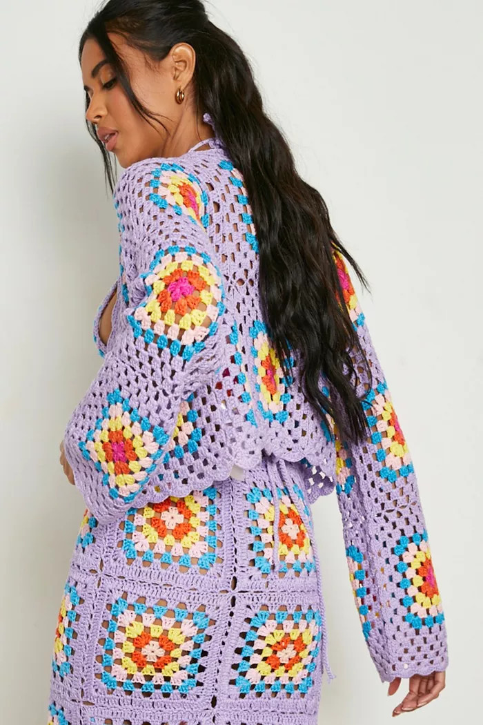 Premium Patchwork Crochet Cropped Cardigan | boohoo (US & Canada)