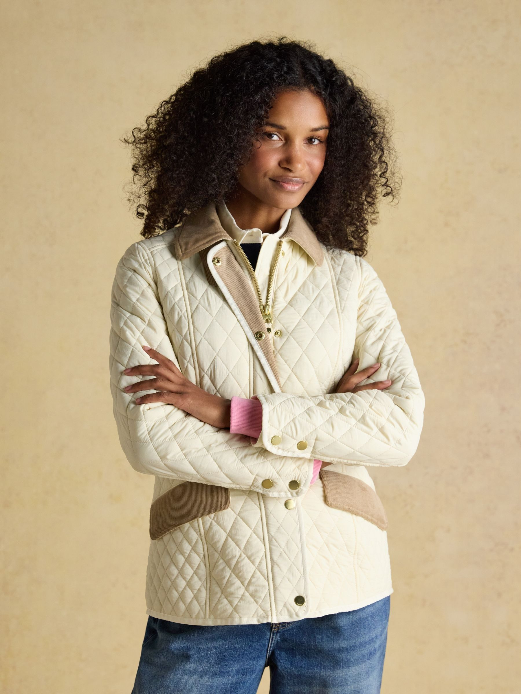 Highclere Neutral Showerproof Diamond Quilted Jacket with Adjustable Waist | Joules | Joules