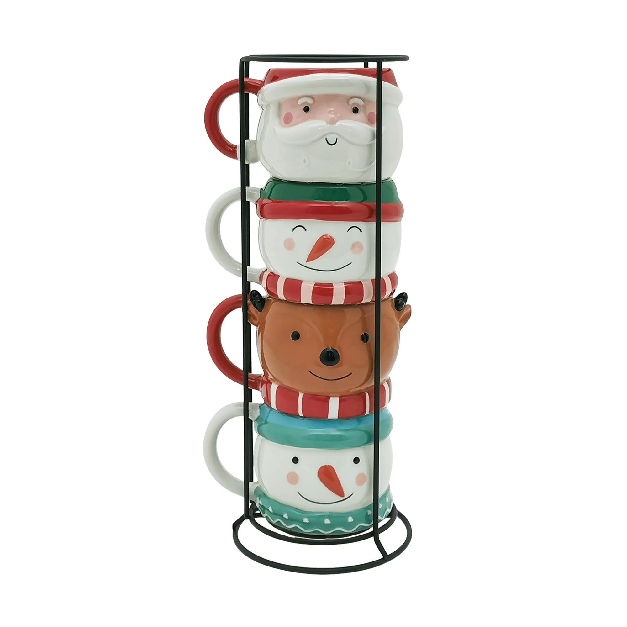 Holiday Time Santa, Snowman and  Reindeer Mix Stackable Stoneware Mug Withe Metal Rack Set | Walmart (US)