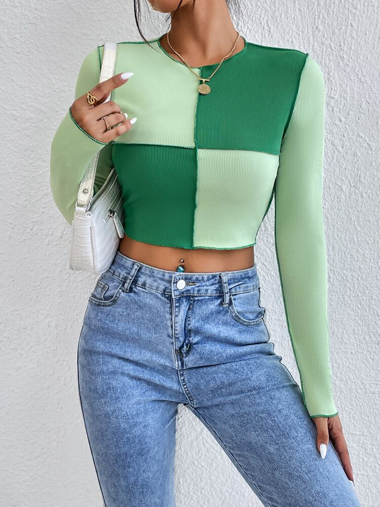 SHEIN EZwear Contrast Stitch Colorblock Crop Tee | SHEIN