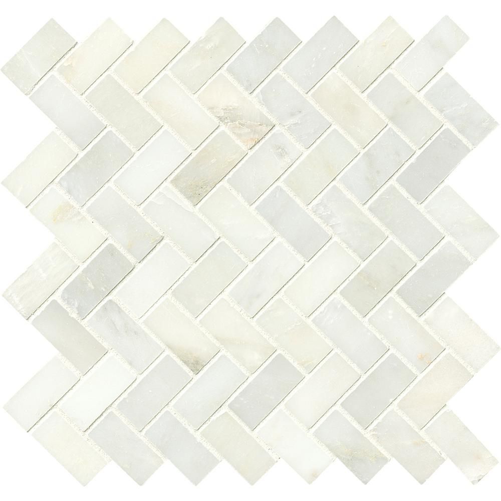 Greecian White Herringbone Pattern 12 in. x 12 in. x 10 mm Polished Marble Mesh-Mounted Mosaic Ti... | The Home Depot
