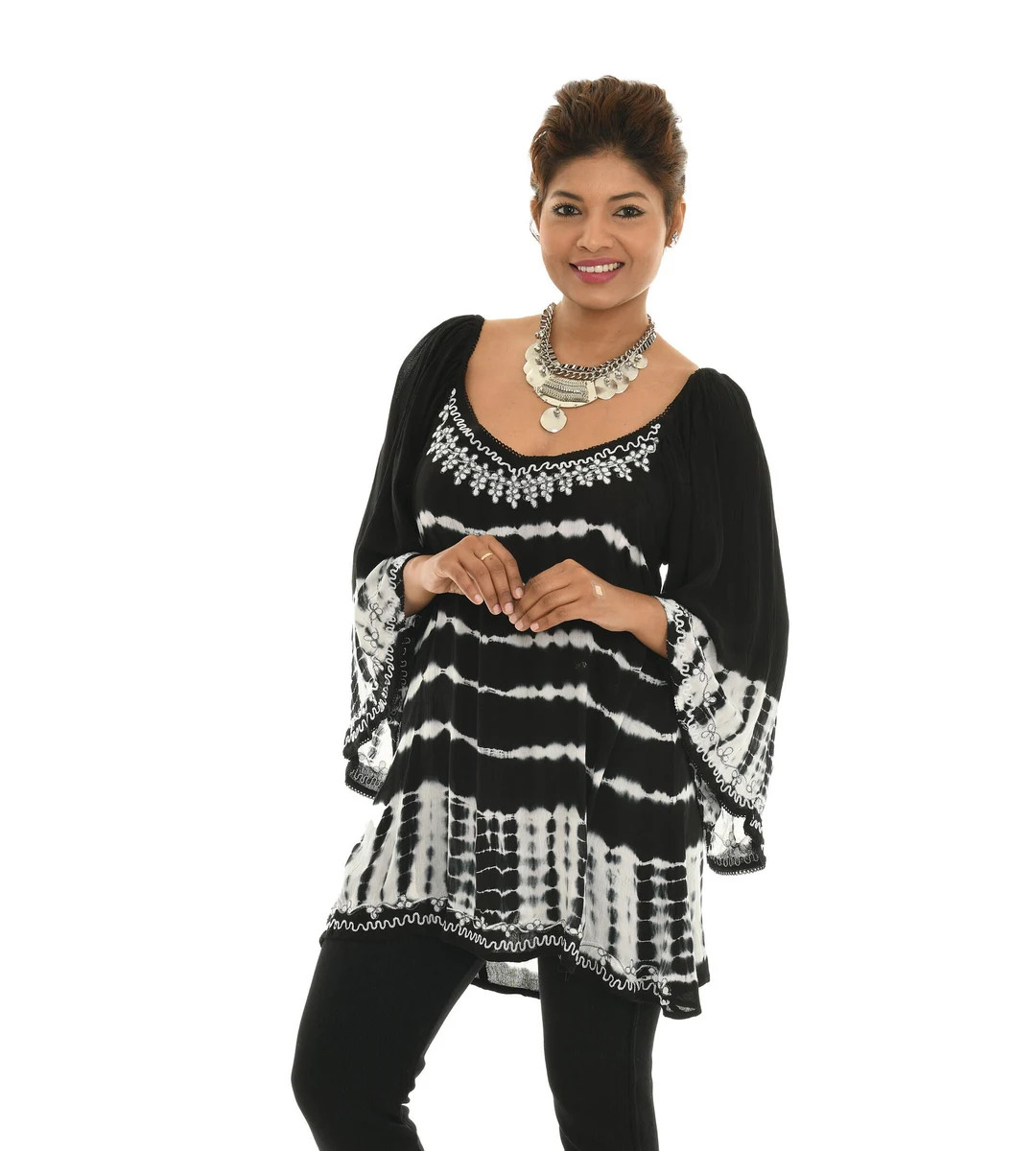 Tie-Dye Embroidered Tunic Top For Women: Boho Bell Sleeves, Plus Size Tops | Etsy (US)