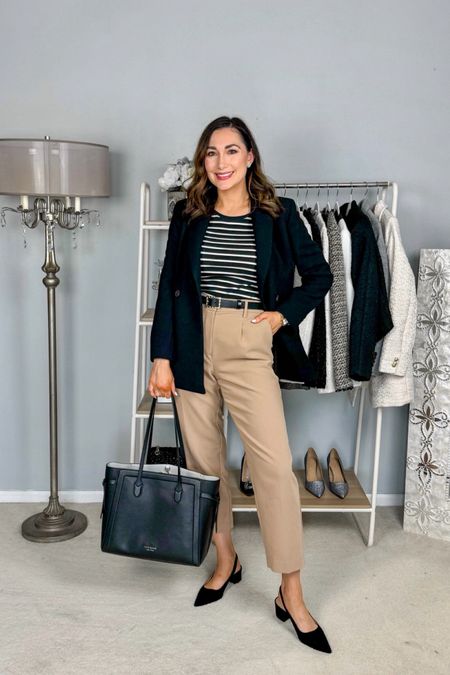 Neutral business casual outfit 🖤🤍🤎

Black blazer size 4, TTS
Black and white ribbed long sleeve top size xs, size down for fitted look (50% off)
Tan high waisted pants (linked similar)
Black pointed toe sling back flats size 7, TTS

Work wear 
Office outfit 
Classy style 
Neutral outfit 






#LTKShoeCrush #LTKSaleAlert #LTKWorkwear