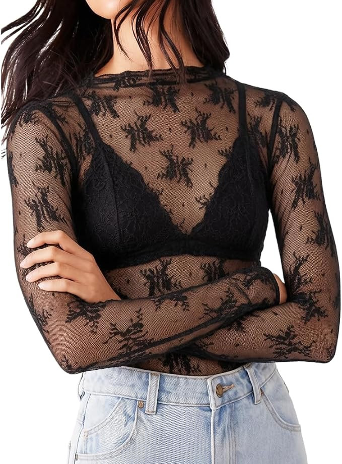 KMBANGI Women's Mesh Lace Long Sleeve Top Mock Neck Sheer Layering Tops | Amazon (US)