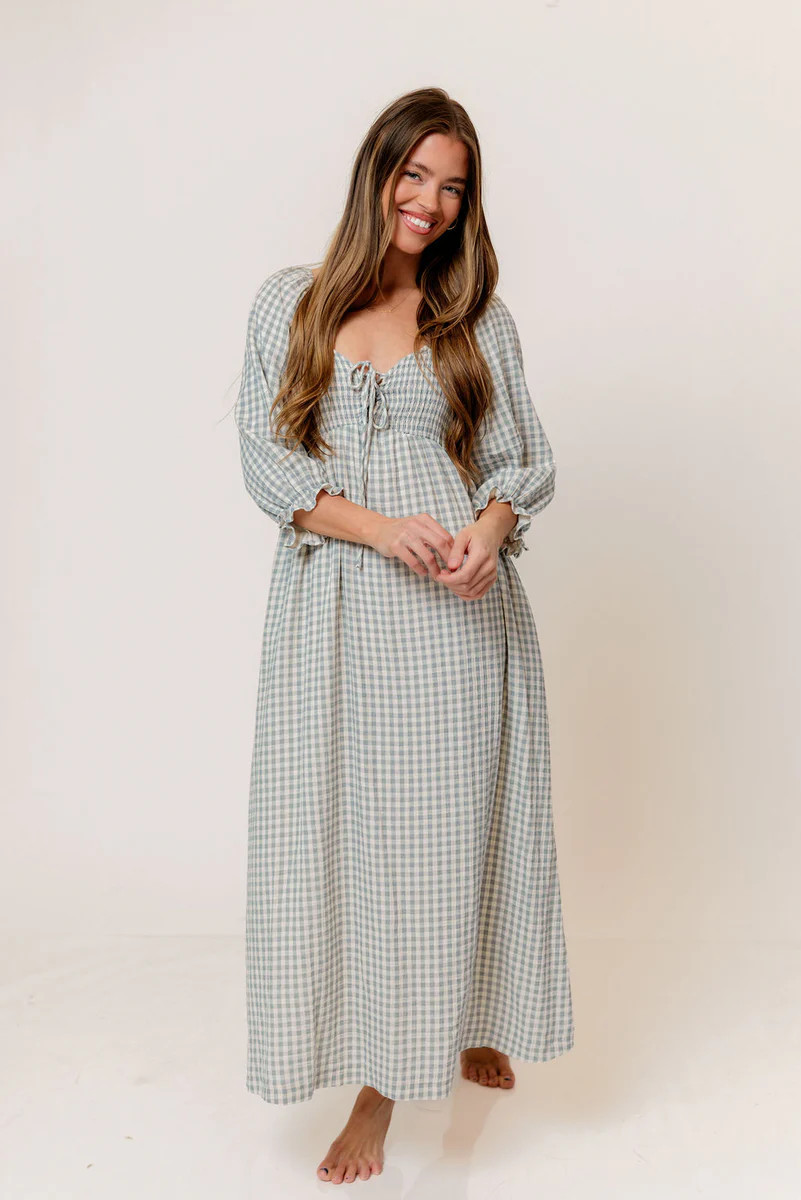 Cecilia 100% Cotton Smocked Maxi Dress in Light Indigo Plaid (Lined) - | Worth Collective