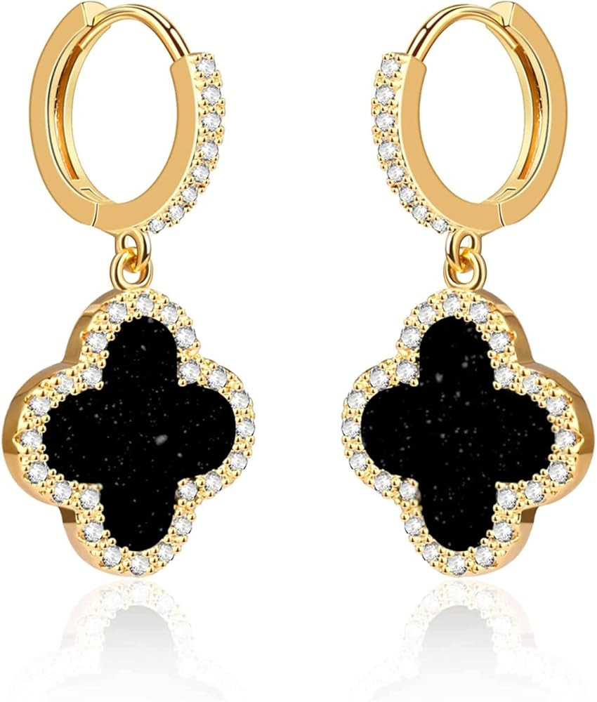 HighSpark Huggie Hoop Clover Earrings for Women | Mother of Pearl Clover Dangle Hoop Earrings | L... | Amazon (US)