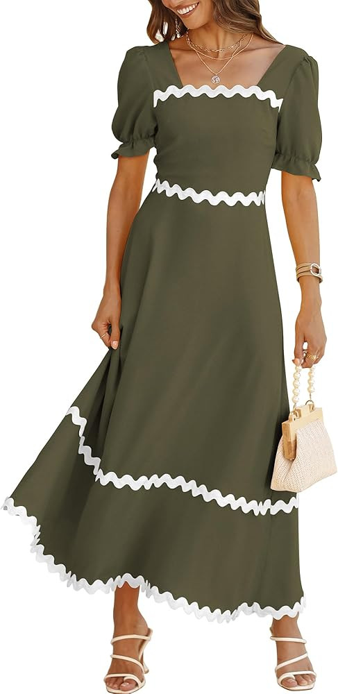 BTFBM Women's 2024 Summer Square Neck Short Puff Sleeve Dress Casual RIC Rac Tie Back Smocked A L... | Amazon (US)