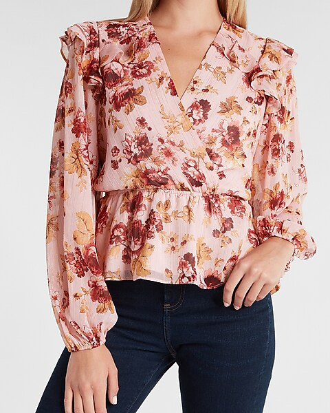Floral Ruffle Balloon Sleeve Peplum Top | Express