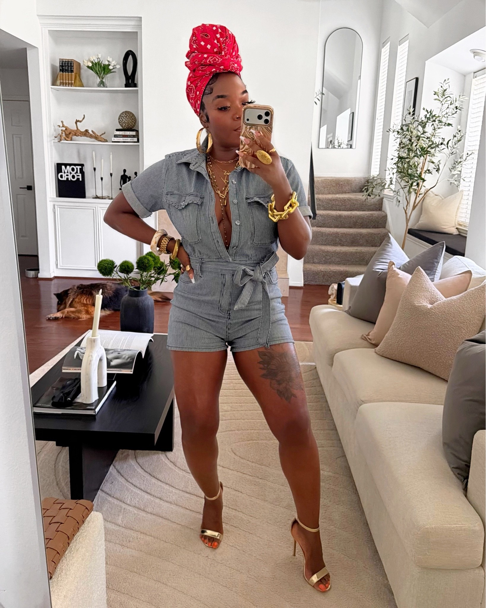 A denim jumpsuit every time! Headwrap from Wrapqueen.com. #ootd #summeroutfits