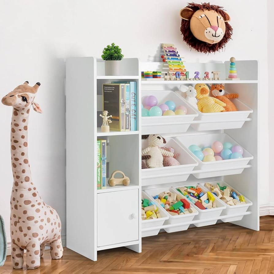 CAPHAUS Toy Organizer with 8 White Plastic Bins, Storage Cabinet for Messy Items or Books, Perfec... | Amazon (US)