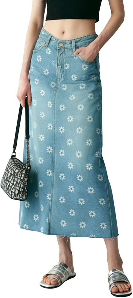 chouyatou Women's Casual Floral Printed Denim Skirt Vintage Distressed A Line Flare Jean Midi Lon... | Amazon (US)