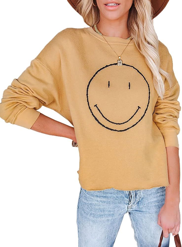 Womens Crewneck Smiley Face Sweatshirt Casual Long Sleeve Graphic Pullover Tops Shirts | Amazon (US)