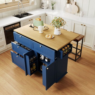 53" Farmhouse Blue Rolling Kitchen Island with 2 Seatings, Mobile Kitchen Island Table Set with Storage for Kitchen or Dining Room-Panipeachy | Target