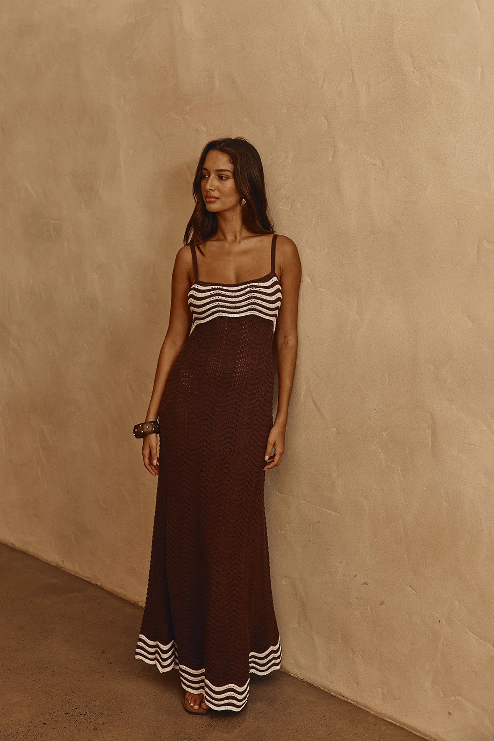 Chocolate Brown Wavy Knit Maxi Scallop Dress | Sabo Skirt US
