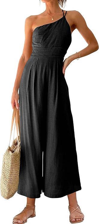 ANRABESS Women's Summer Straps One Shoulder Pleated High Waist Casual Wide Leg Jumpsuit Romper wi... | Amazon (US)