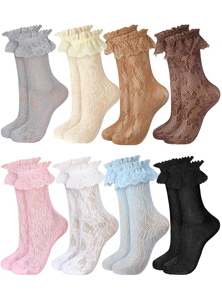 8 Pairs Women Lace Socks Ruffle Frilly Ankle Women Cute Lolita Lace Trim Socks | Amazon (US)