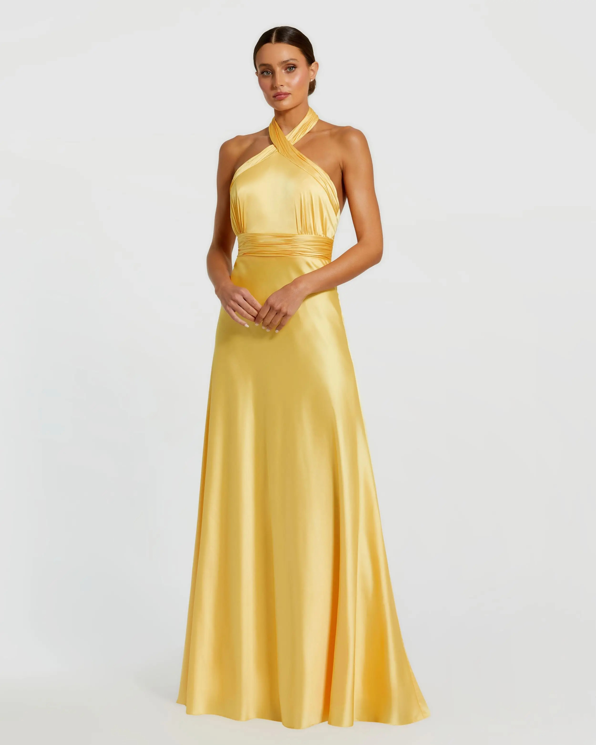 Yellow Ruched Halter Neck Tie Back Satin Gown | Mac Duggal