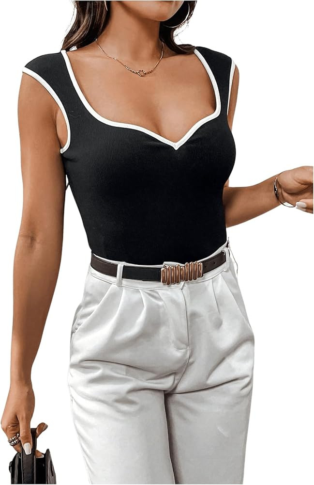 Floerns Women's Casual Sweetheart Neck Cap Sleeve Contrast Binding Tank Top | Amazon (US)