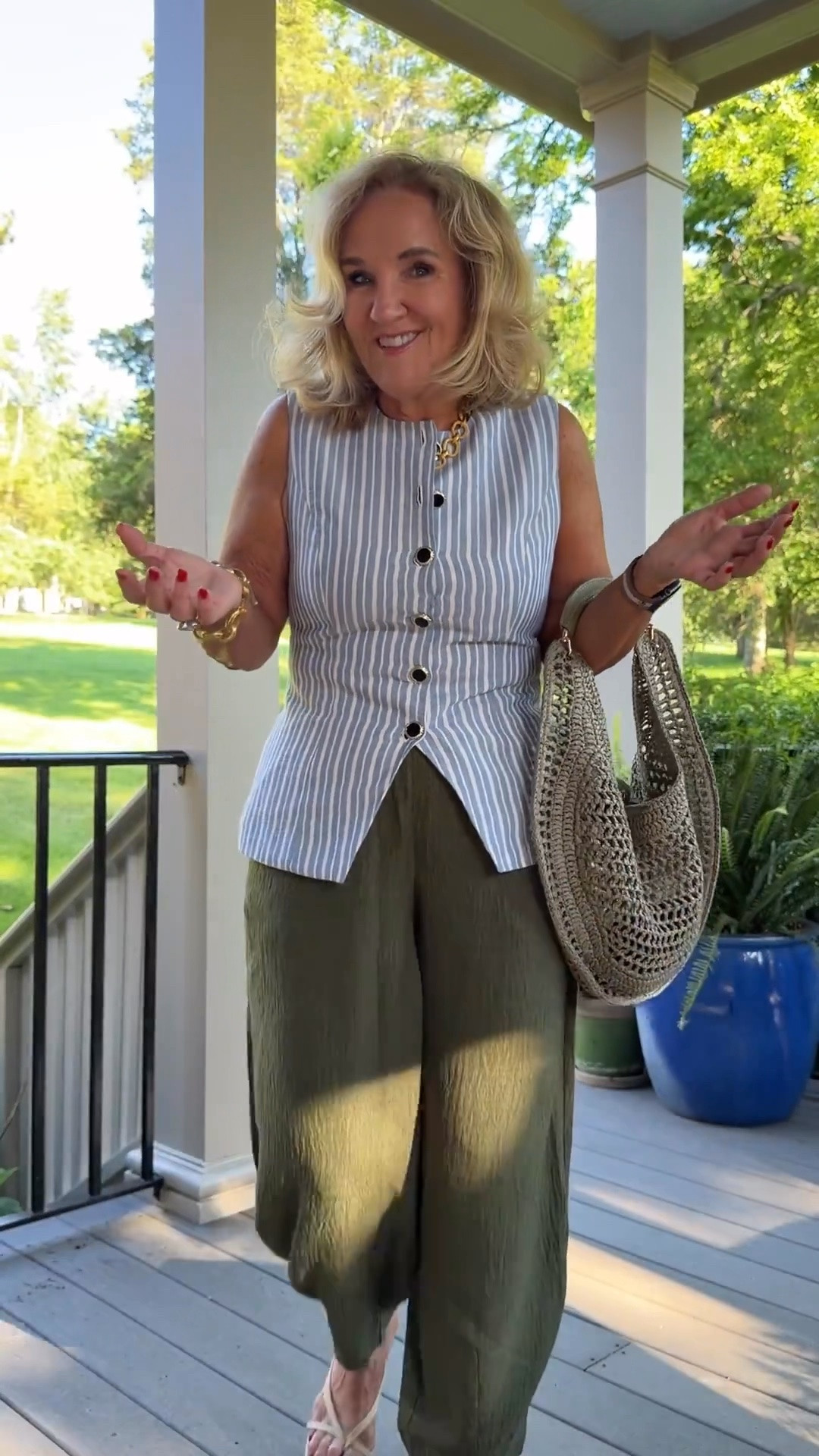This striped button-front vest is a summer standout with its tailored fit and flattering silhouette. Paired with flowy olive wide leg pants and a woven tote, it’s an effortlessly chic outfit for brunch, vacations, or everyday style.

💡 LTK MADE EASY

❤️ Heart = Support my posts
🔖 Save = Get sale & restock alerts
📋 Lists = Keep favorites organized
📲 Share = Send to yourself for later
💬 Comment = Ask me anything

#LTKootd #LTKOver40 #LTKSeasonal