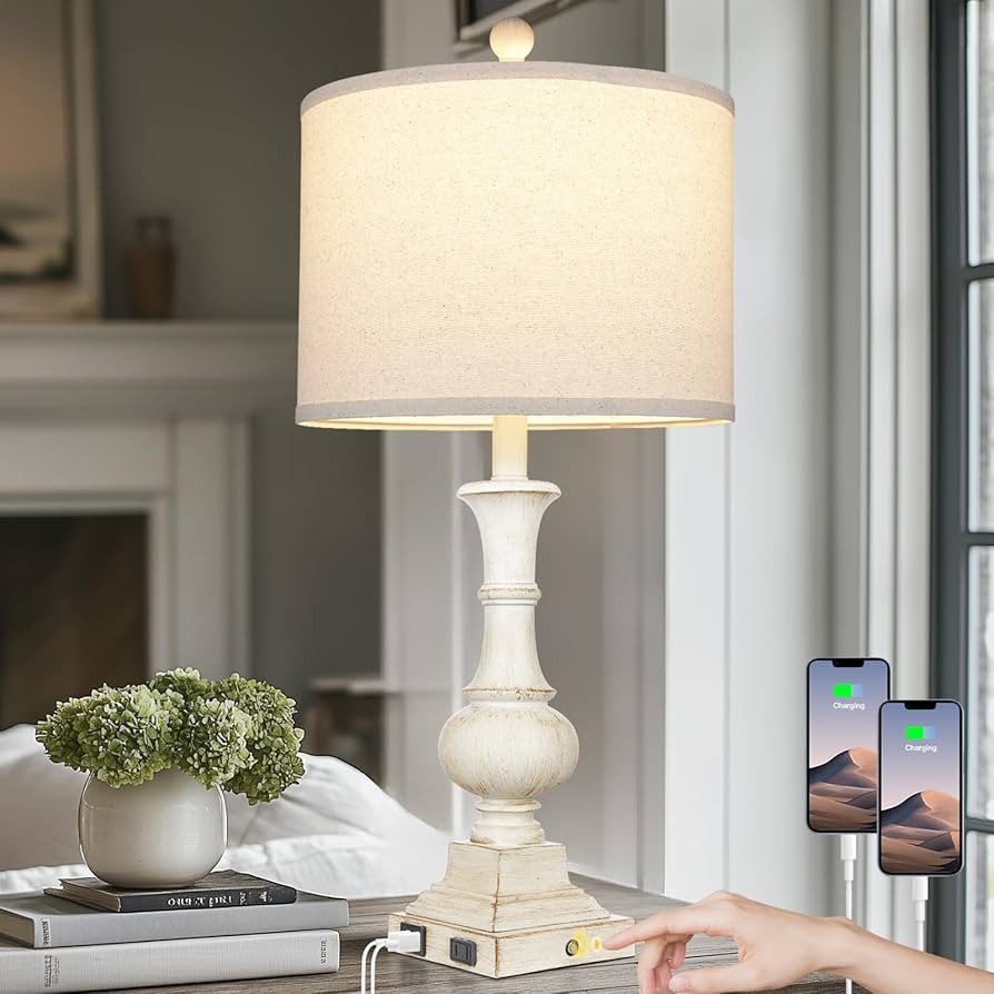 26" Farmhouse Table Lamp, Vintage Rustic Touch Control Bedside Lamp with 2 USB Ports & AC Outlet,... | Amazon (US)