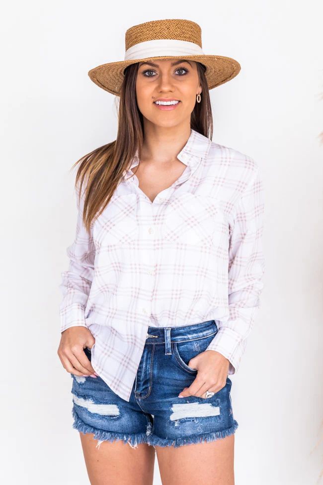Follow The Wind Taupe Lightweight Plaid Blouse | Pink Lily