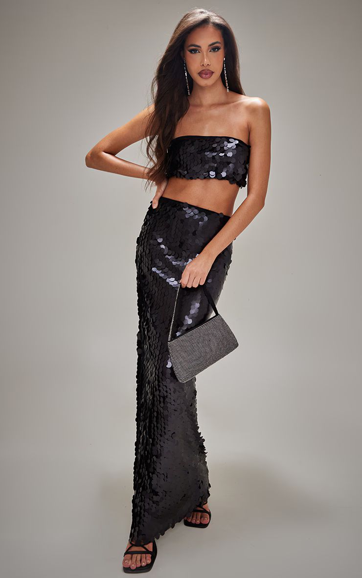 Tall Black Matte Sequin Maxi Skirt | PrettyLittleThing US