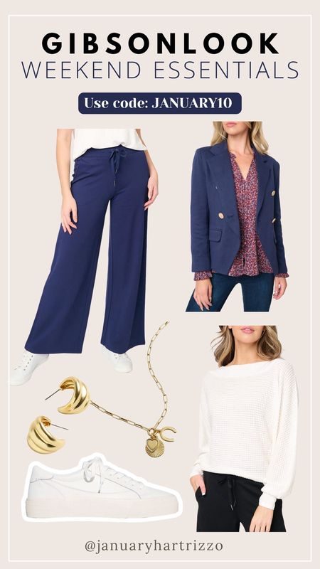 (Use code JANUARY10 for discount) Gibsonlook weekend essentials, navy drawstring knit pants with wide leg, navy blazer, workwear, business casual, office outfit, white sneakers, long sleeve white ivory knit slouchy sweater top

#LTKstyletip #LTKfindsunder100 #LTKworkwear