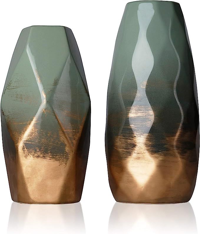 TERESA'S COLLECTIONS Modern Geometric Ceramic Vases Set of 2, Green and Gold Vase for Home Decor,... | Amazon (US)