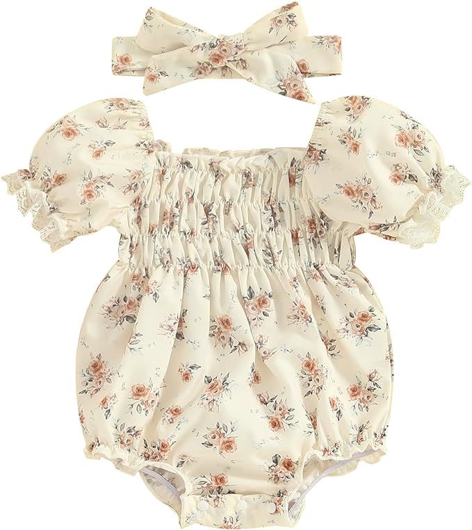 Lamuusaa Smocked Baby Girl Clothes Floral Bubble Romper Short Sleeve Bodysuit Tops Headband 2Pcs ... | Amazon (US)