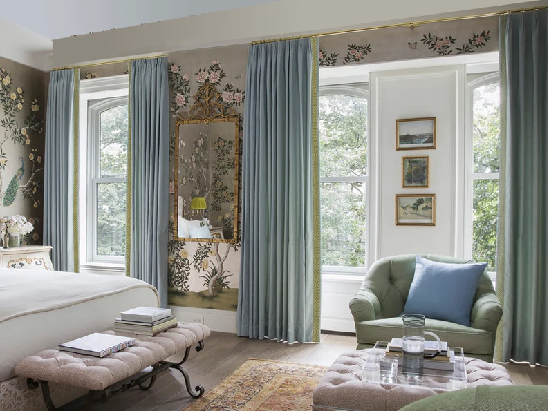 Pair of blue flannel trimmed curtains, customizable to extra long size. | Etsy (US)