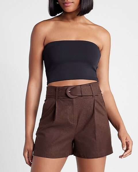 Super High Waisted Belted Linen-Blend Shorts | Express