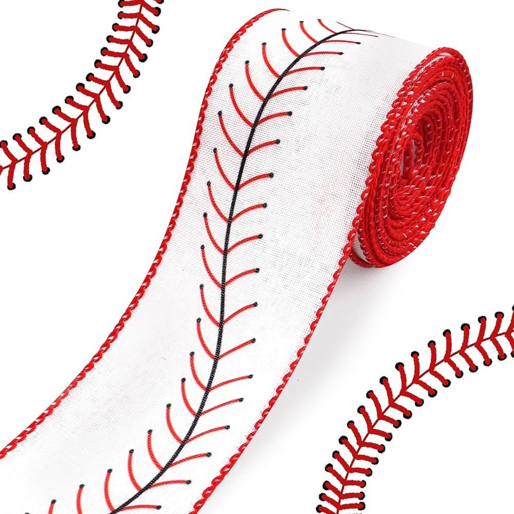 Baseball Wired Edge Ribbons 2.5" 10 Yards, White Wired Edge Decoration Ribbon Sport Fabric Craft ... | Amazon (US)