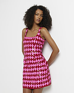 Pink check sequin bodycon mini dress | River Island (US)