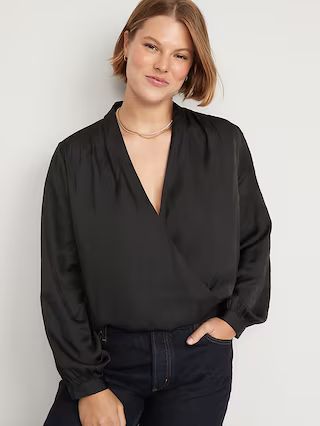 Cross-Front Satin Long-Sleeve Blouse for Women | Old Navy (US)