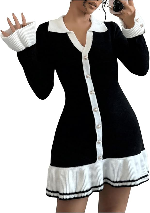 SOLY HUX Women's Sweater Dress Color Block Collar V Neck Long Sleeve Ruffle Hem Bodycon Knit Mini... | Amazon (US)